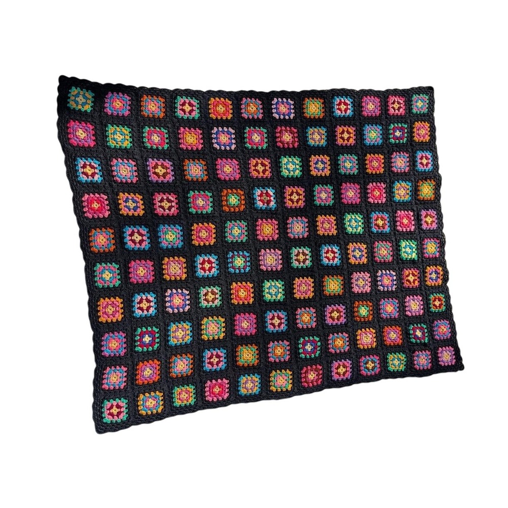 Vintage Crochet Granny Square Afghan Black Multicolor Boho Throw Blanket